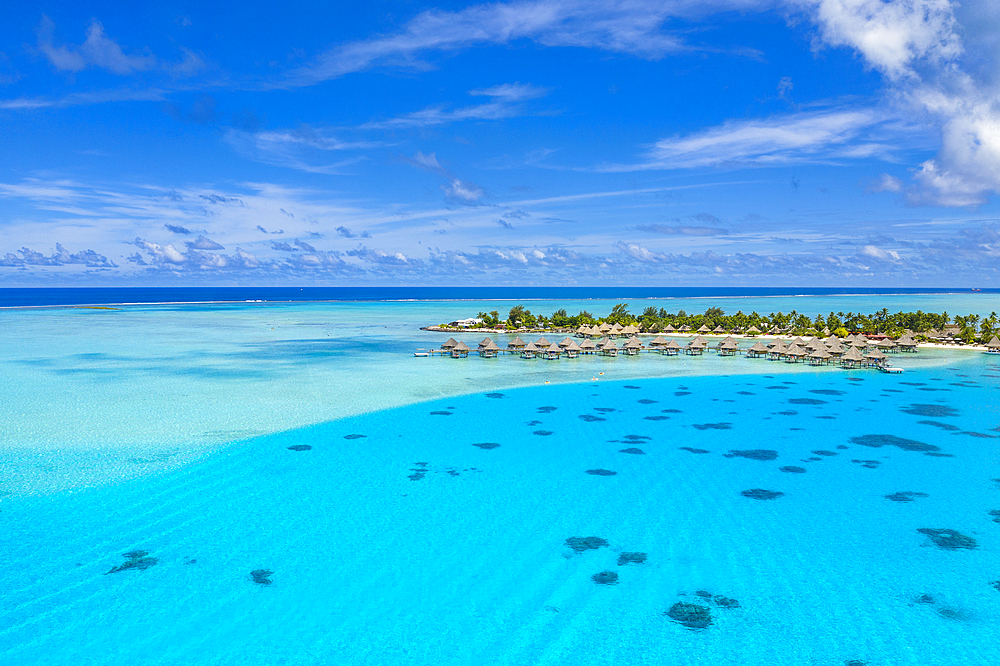 Aerial view of the InterContinental Le Moana Bora Bora Resort with overwater bungalows in the lagoon of Bora Bora, Vaitape, Bora Bora, Leeward Islands, French Polynesia, South Pacific