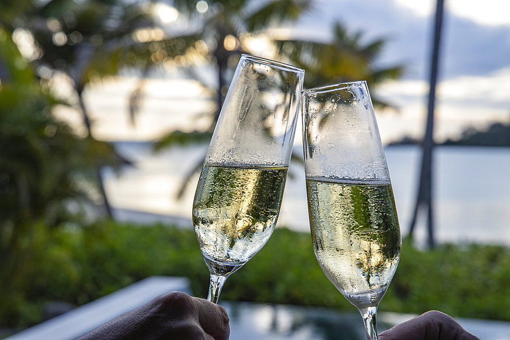 Toasting with two glasses of champagne in a residence villa in the Six Senses Fiji Resort, Malolo Island, Mamanuca Group, Fiji Islands, South Pacific