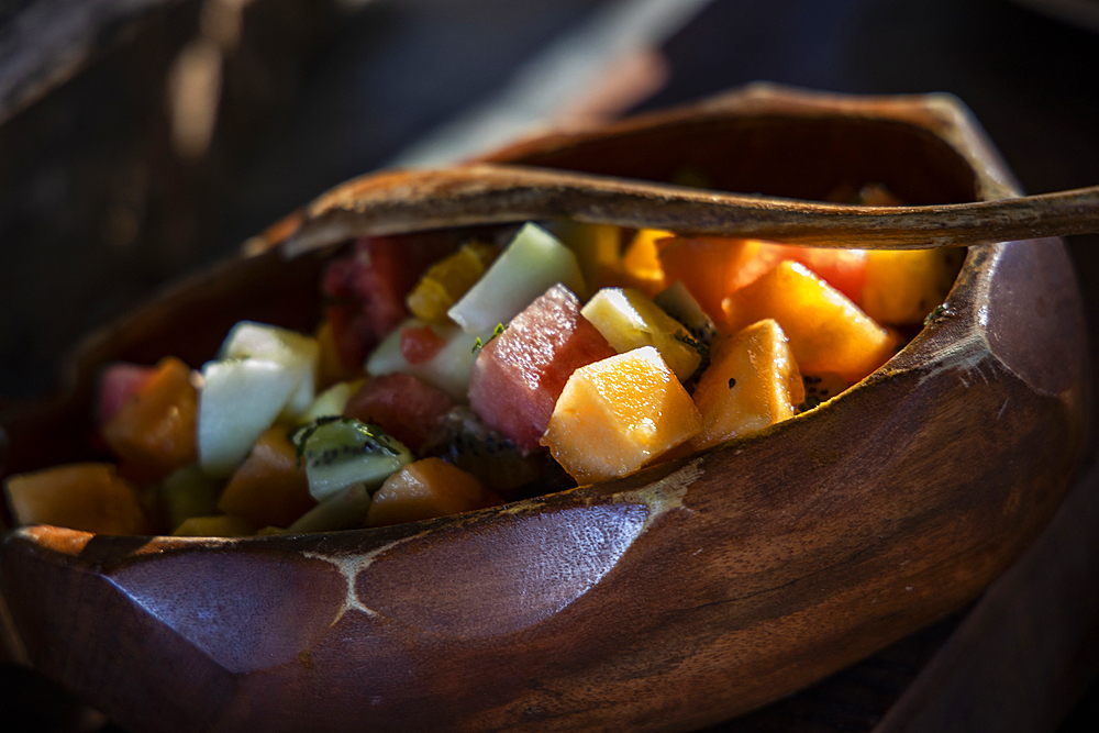 Bowl of fruit salad at a fantastic breakfast buffet in the Tovolea Restaurant of the Six Senses Fiji Resort, Malolo Island, Mamanuca Group, Fiji Islands, South Pacific