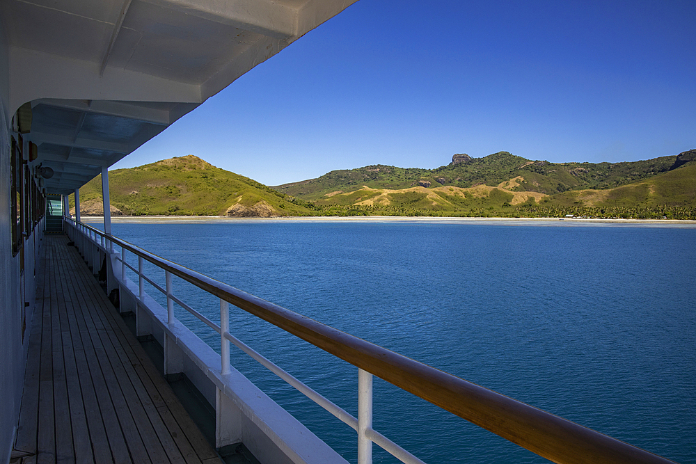 Railings and deck on board the cruise ship MV Reef Endeavor (Captain Cook Cruises Fiji), Naviti Island, Yasawa Group, Fiji Islands, South Pacific