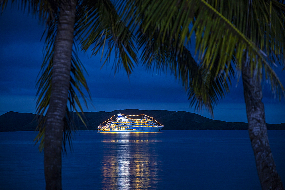 Coconut palms and cruise ship MV Reef Endeavor (Captain Cook Cruises Fiji) in roadstead at night, Gunu, Naviti Island, Yasawa Group, Fiji Islands, South Pacific