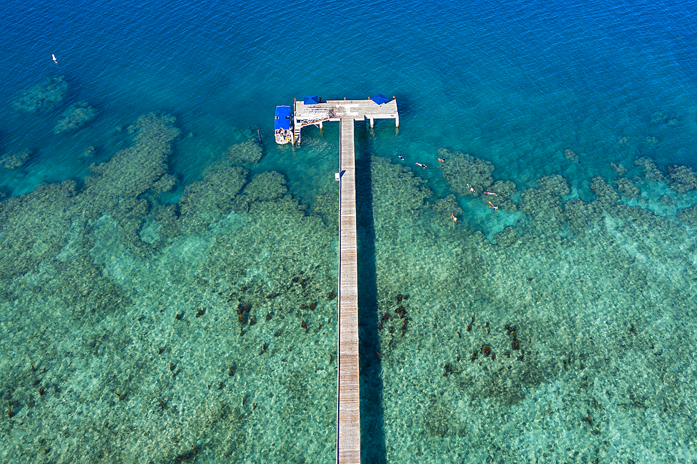 Aerial view from the pier at Malamala Island Beach Club, Mala Mala Island, Mamanuca Group, Fiji Islands, South Pacific