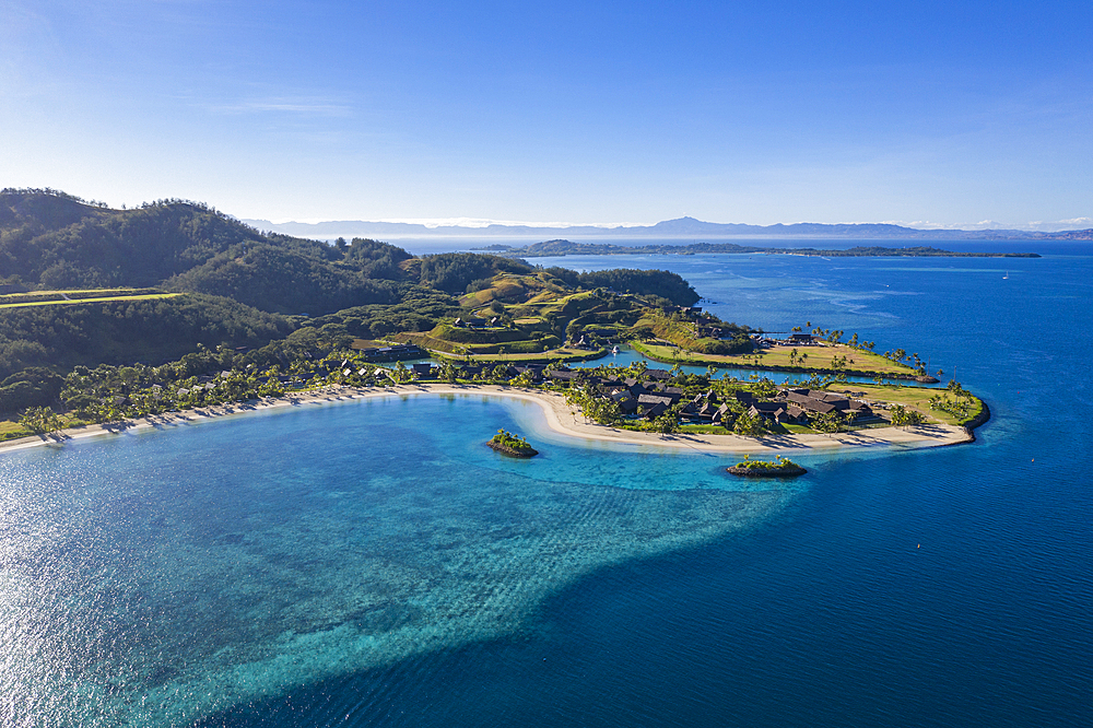 Aerial view of Six Senses Fiji Resort with offshore reef, Malolo Island, Mamanuca Group, Fiji Islands, South Pacific