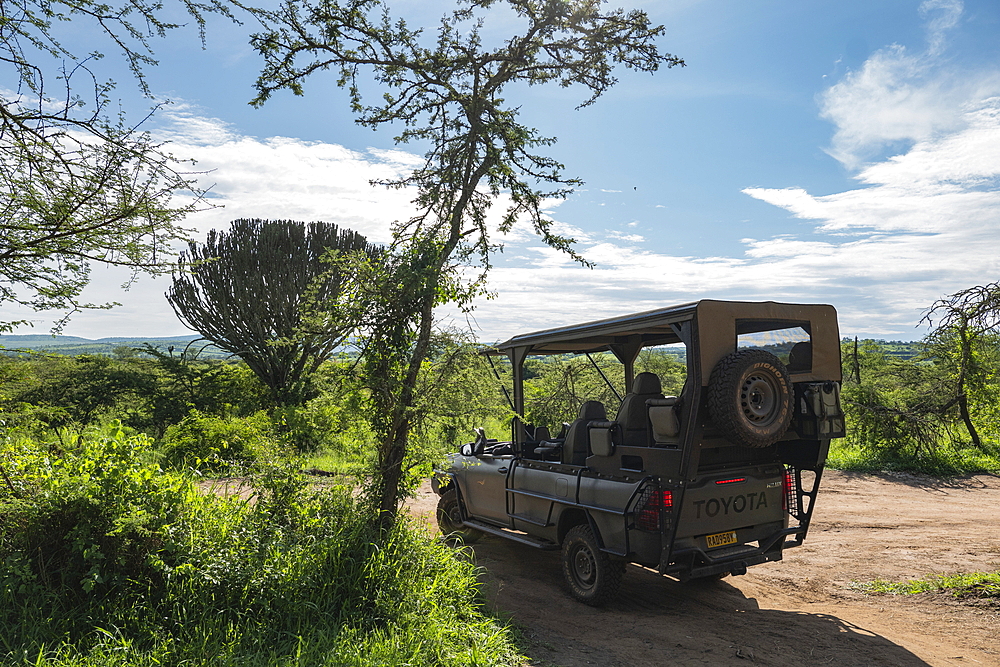 Safari vehicle operated by luxury resort tented Magashi Camp (Wilderness Safaris), Akagera National Park, Eastern Province, Rwanda, Africa