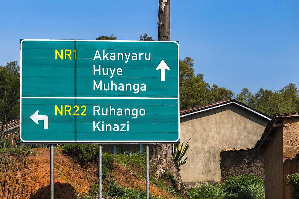 Signpost road sign, Nyamabuye, Southern Province, Rwanda, Africa