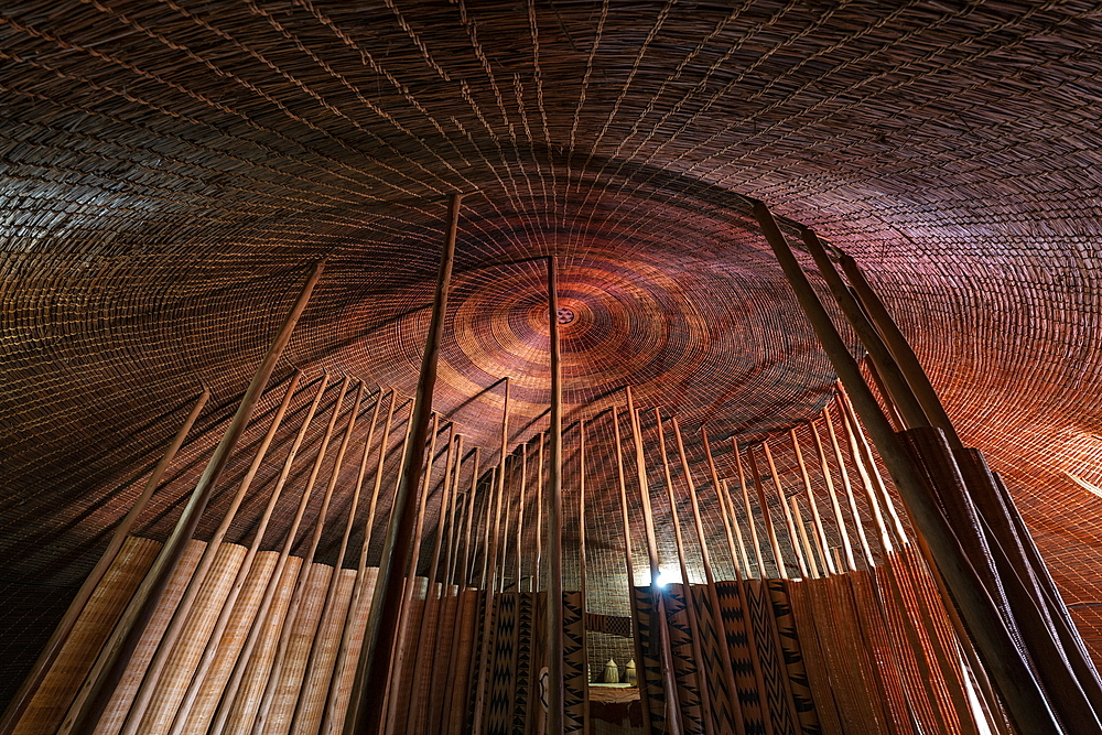 Interior view of the replica of the traditional royal hut at the Royal Palace Museum of King Mutara III Rudahigwa 1931, Nyanza, Southern Province, Rwanda, Africa