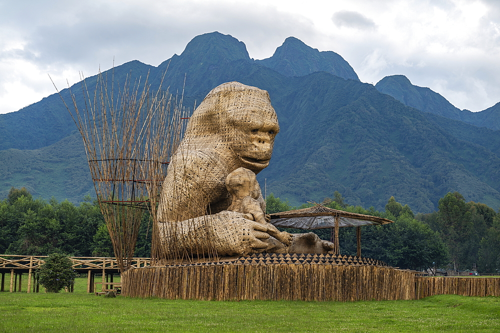 Giant wooden gorilla sculpture built from sticks, Volcanoes National Park, Northern Province, Rwanda, Africa