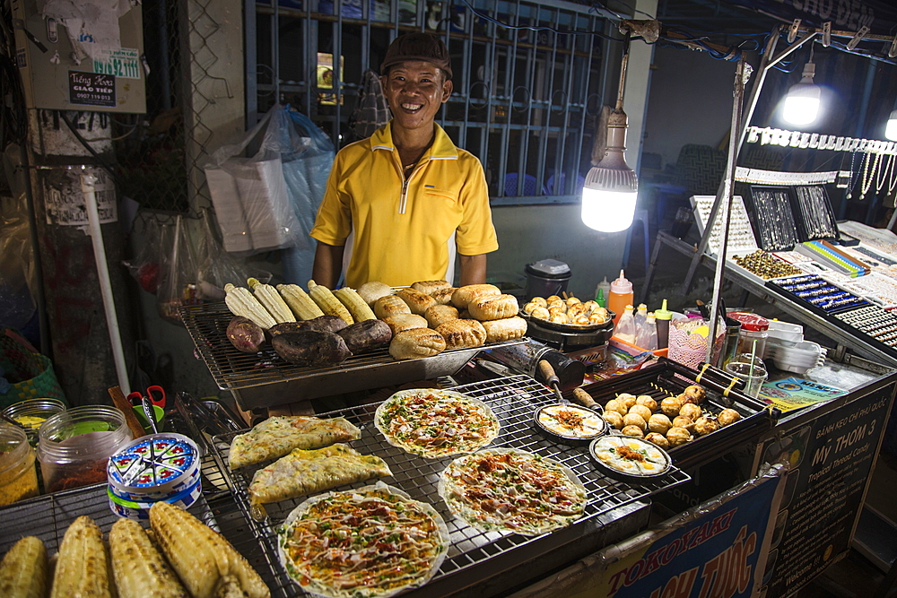 Happy seller of street food, Duong Dong, Phu Quoc Island, Kien Giang, Vietnam, Asia