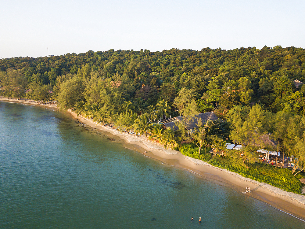 Aerial view of bars and restaurants on Ong Lang Beach, Ong Lang, Phu Quoc Island, Kien Giang, Vietnam, Asia