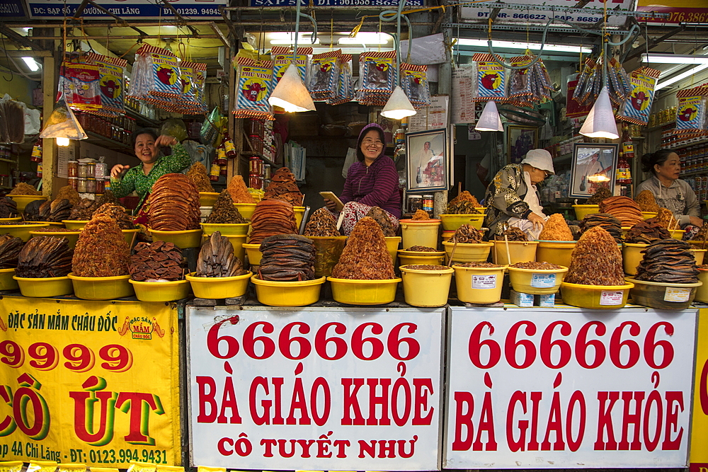 Women selling fish products in the Chau Doc Market, Chau Doc, An Giang, Vietnam, Asia