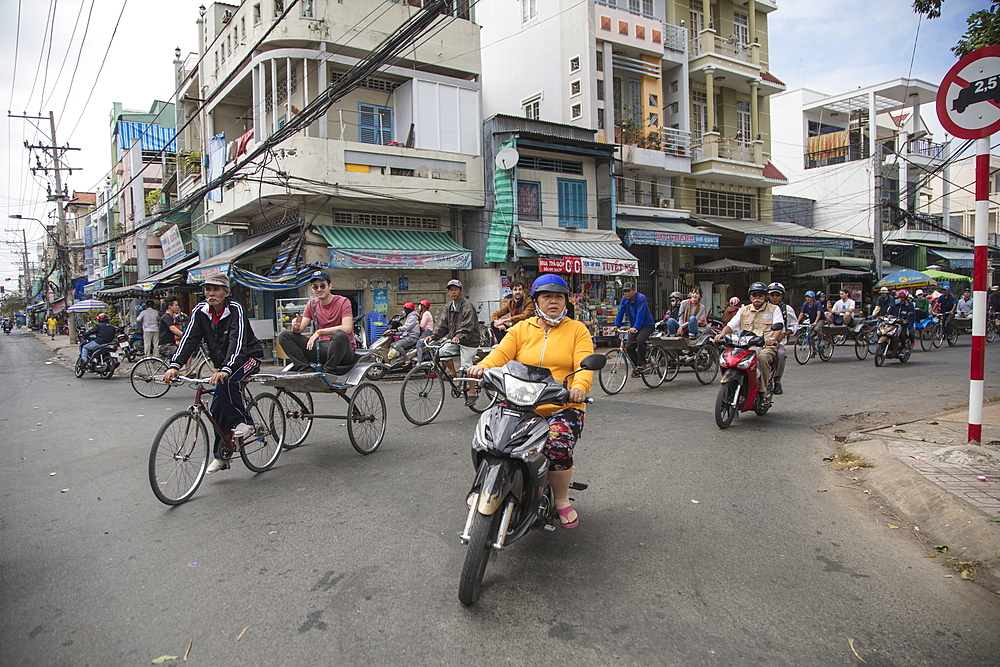 Bicycle rickshaw excursion for guests of river cruise ship, Chau Doc, An Giang, Vietnam, Asia