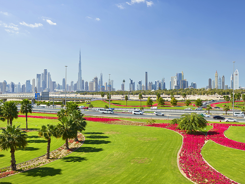 Skyline, green WIese, palm trees, flowers, Dubai, United Arab Emirates