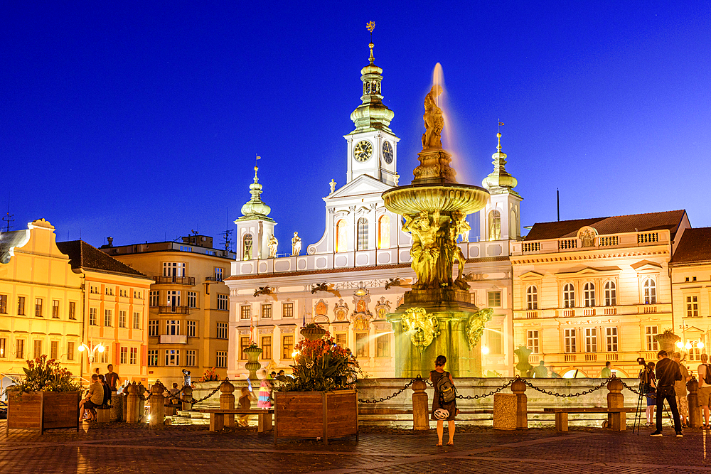 Samson Fountain and Town Hall on the town square of Budweis, South Bohemia, Czech Republic