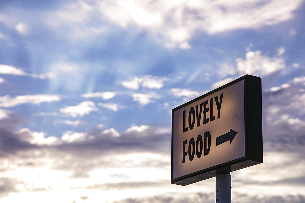 Illuminated sign reading "Lovely Food" in front of a restaurant, Vis, Vis, Split-Dalmatia, Croatia, Europe