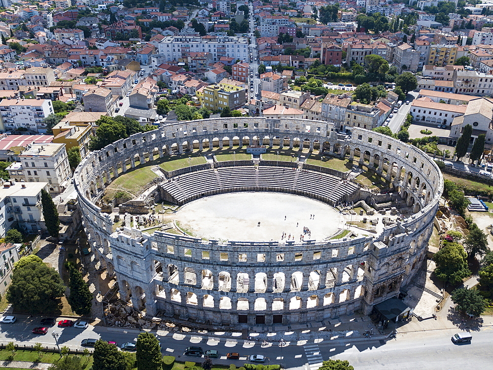 Aerial view from the Roman amphitheater Pula Arena, Pula, Istria, Croatia, Europe