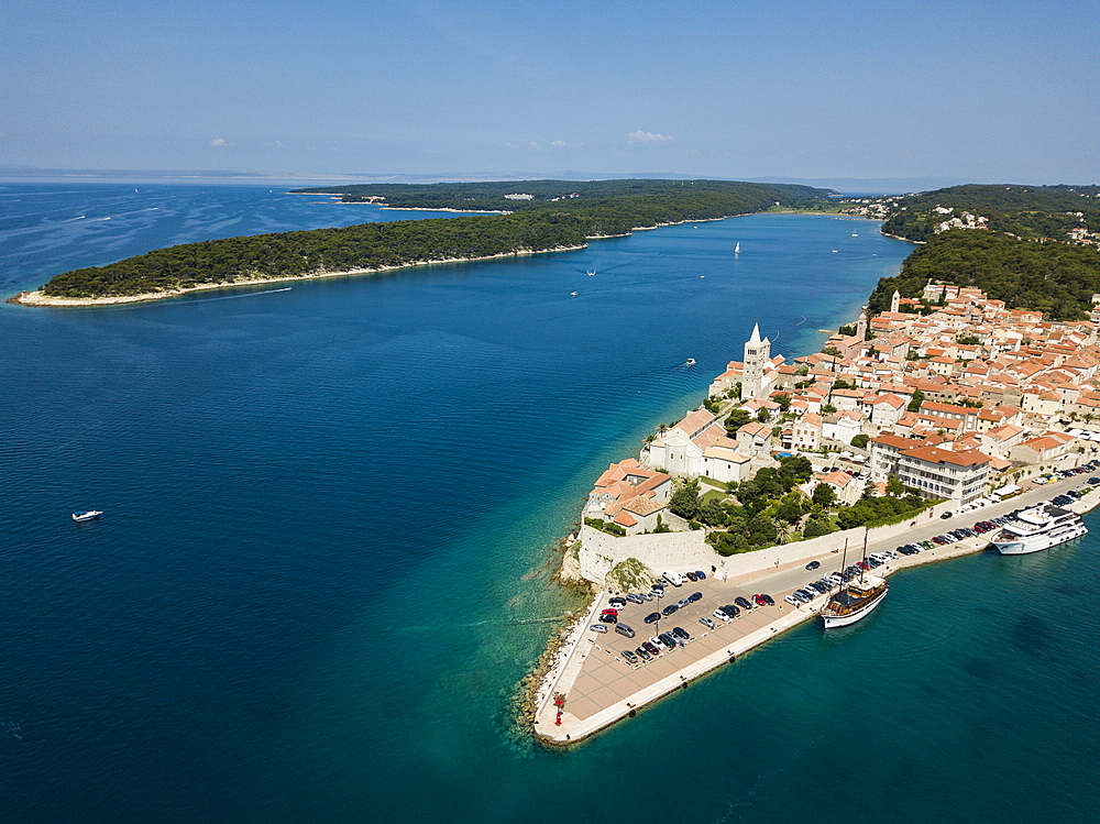 Aerial view of the cruise ship which is moored next to the old town, Rab, Primorje-Gorski Kotar, Croatia, Europe