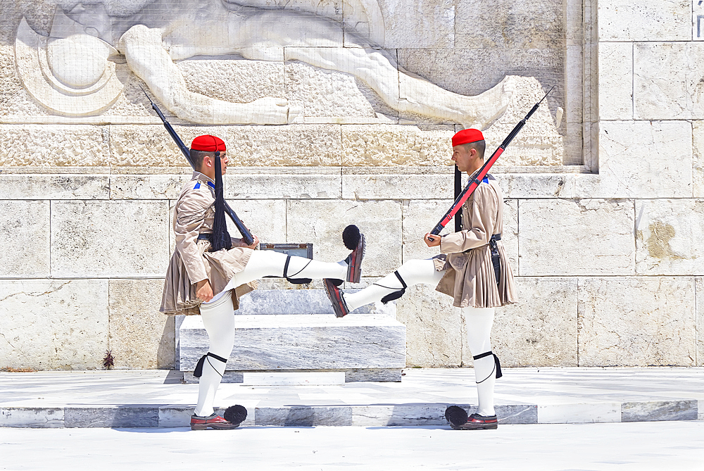 Evzone soldiers performing change of guard, Athens, Greece, Europe,