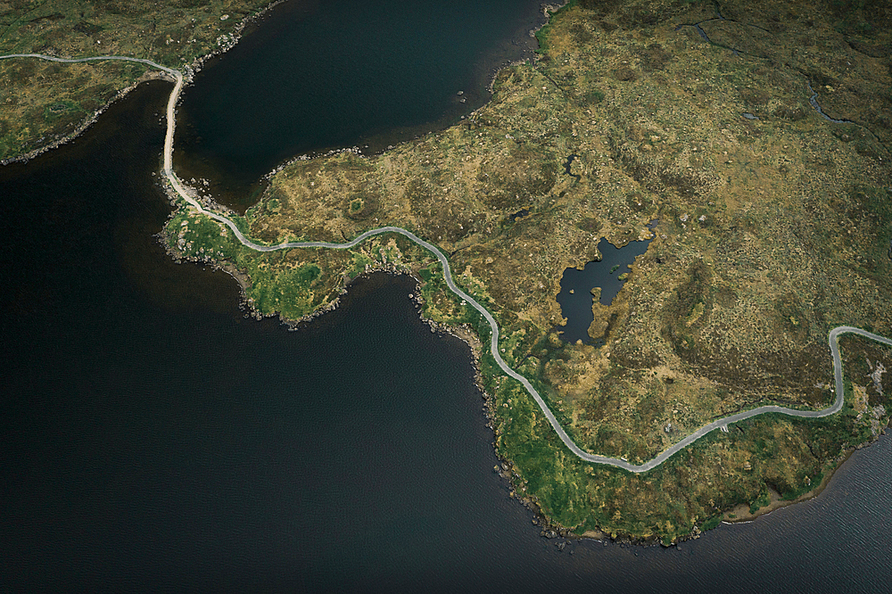 Lake Toftavatn with hiking trail from above, Runavik, Eysteroy, Faroe Islands