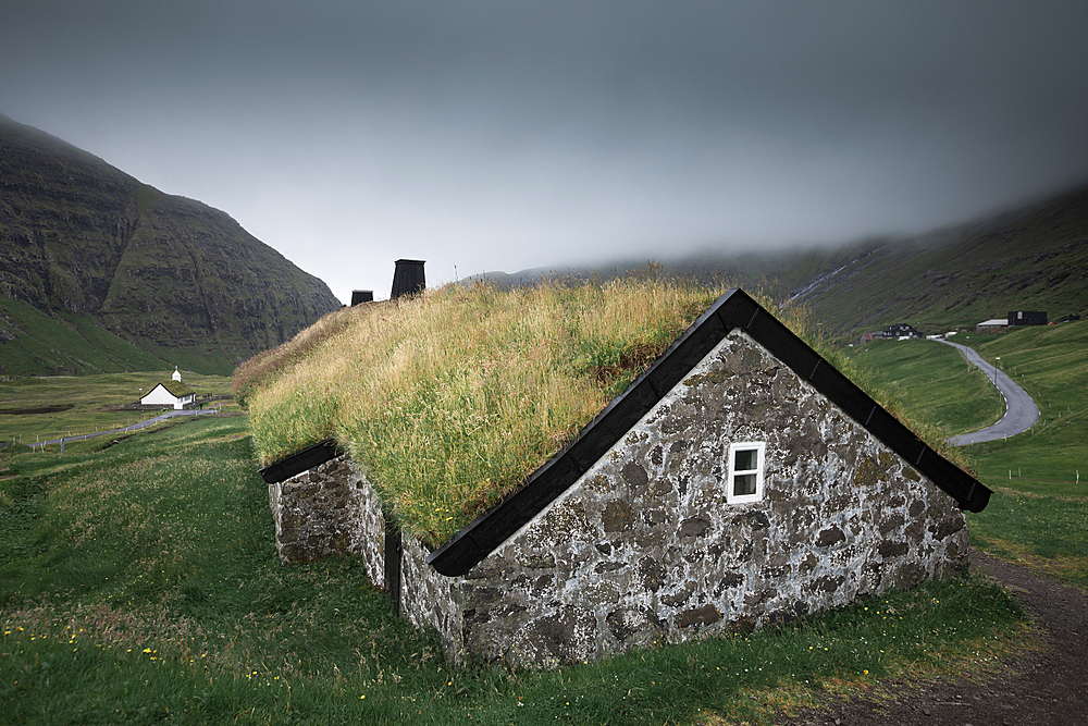 Huts with a grass roof in Saksun village on Streymoy Island, Faroe Islands