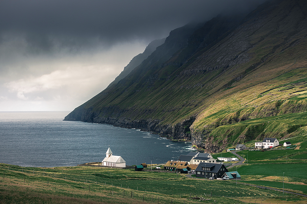 Church in the seaside village of Viðareiði on the island of Vidoy, Faroe Islands