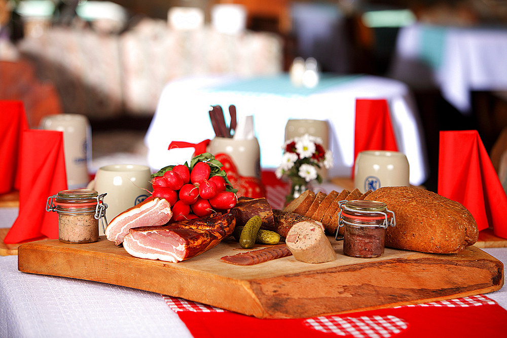 Bavarian snack and a fresh beer, Reit im Winkl, Chiemgau, Bavaria, Germany