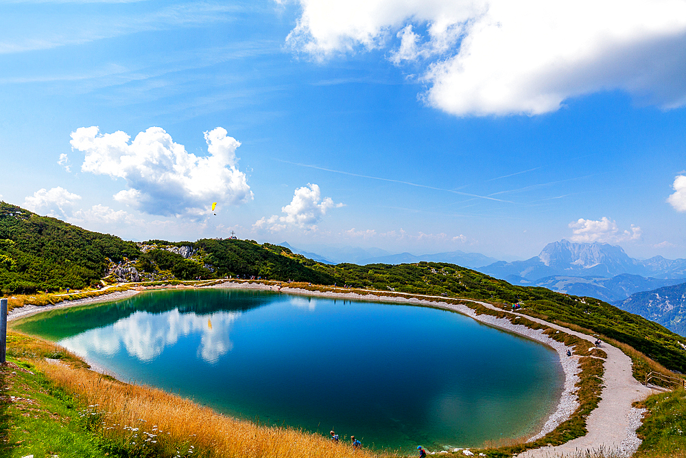 Mountain lake on the Steinplatte in summer with a view of the Kaiser Mountains, Pillerseetal, Triol, Austria, Kitzbühel Alps