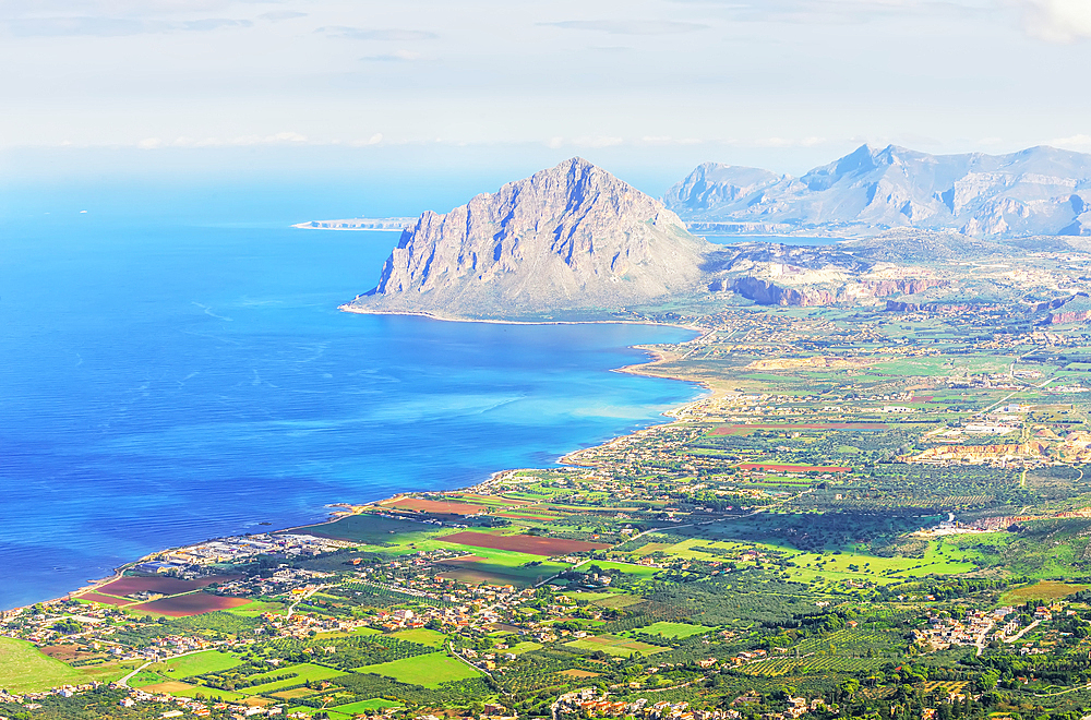 View from Erice of Monte Cofano and coastline, Erice, Sicily, Italy