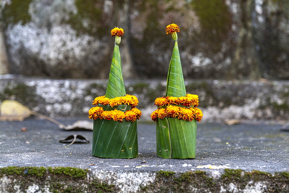 Offering on stairs that lead to Mount Phousi, Luang Prabang, Luang Prabang Province, Laos, Asia