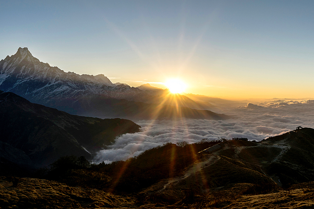 Sunrise on Muldai with a view of Machapuchare, Pokhara, Nepal