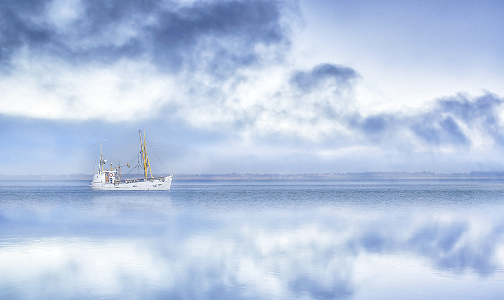 Fishing boat in the fog off the North Frisian coast, North Friesland, Schleswig-Holstein