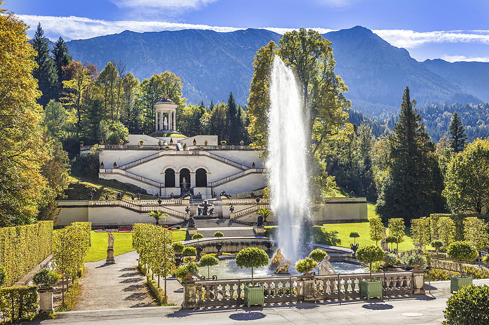 Fountain and terrace garden of Linderhof Palace, Ettal, Allgäu, Bavaria, Germany