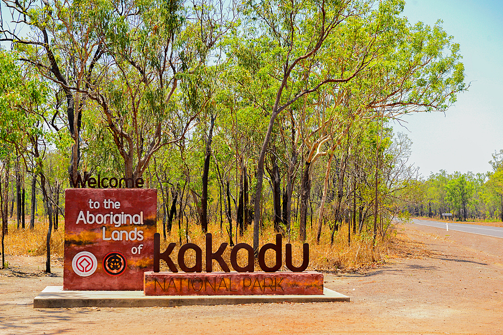 Entrance sign to Kakadu National Park, near Jabiru, Northern Territory, Australia