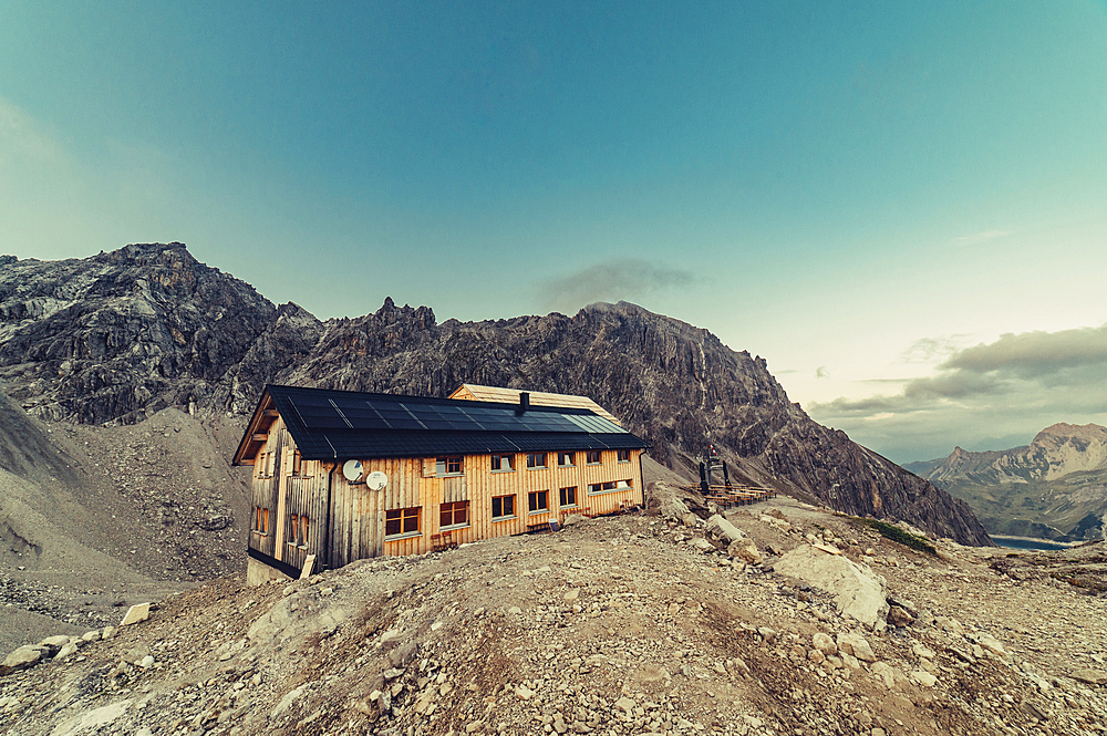 Evening mood Totalphütte in the Rätikon above the Lünersee, Vorarlberg, Austria, Europe