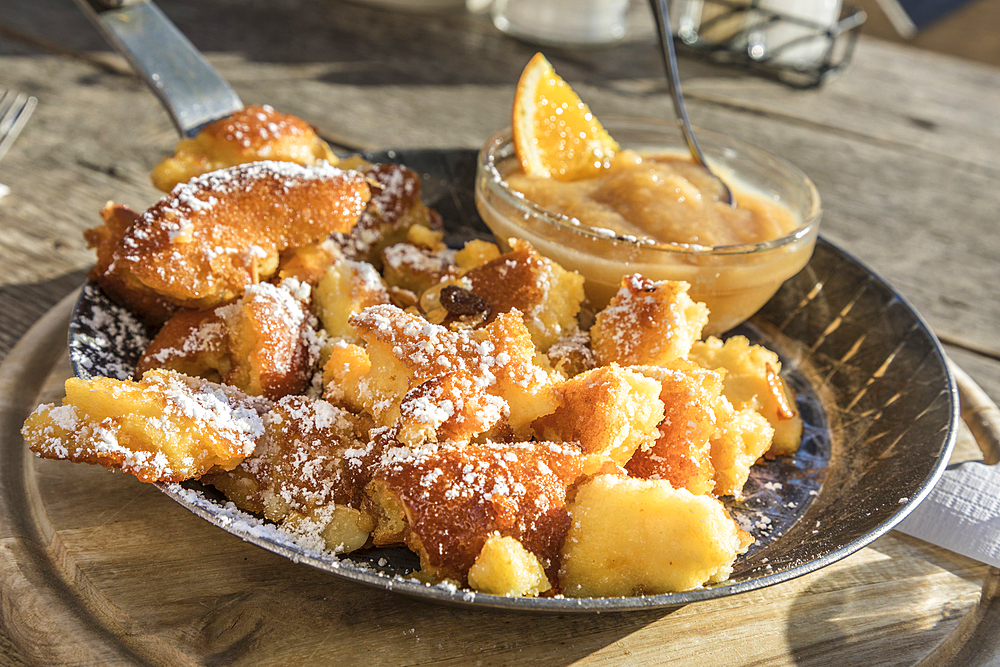 Kaiserschmarrn on mountain hut in Partnachtal, Garmisch-Partenkirchen, Upper Bavaria, Bavaria, Germany