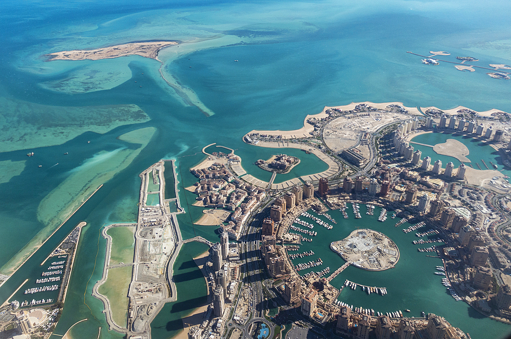 Aerial view of The Pearl Doha island with marina, above Doha, Qatar, Middle East