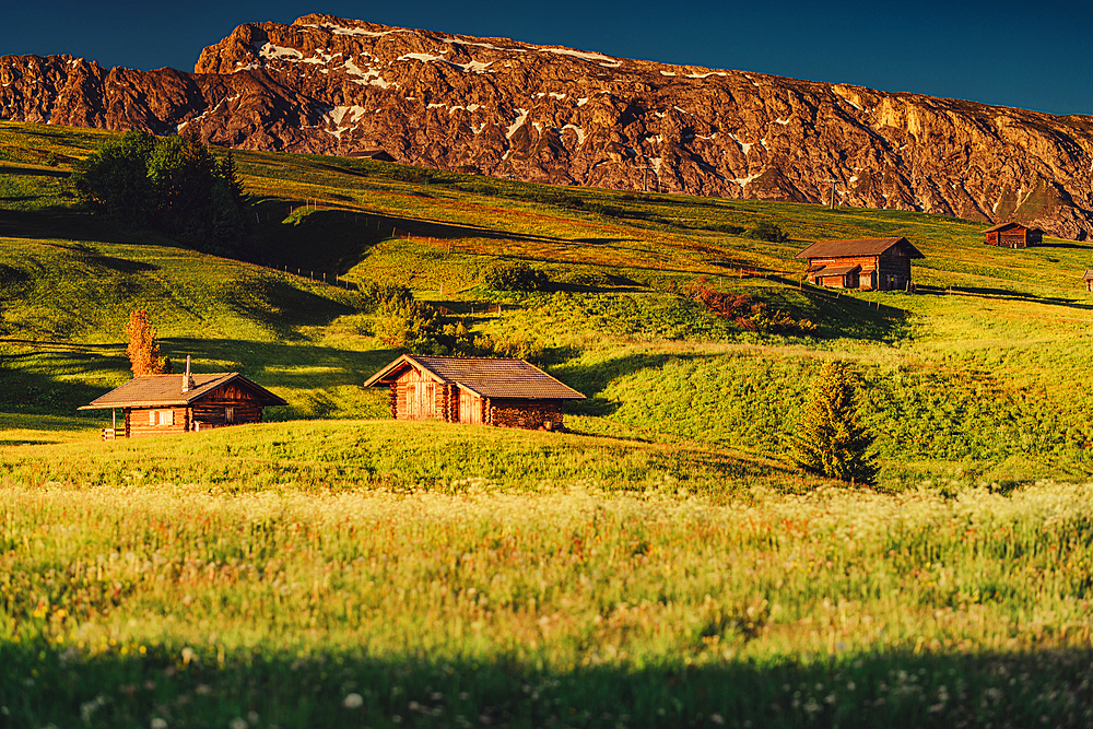 Sunrise on the Seiser Alm in South Tyrol, Italy, Europe;