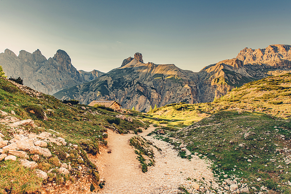 Mountain hut at the Drei Zinnen in the Sesto Dolomites, South Tyrol, Italy, Europe;