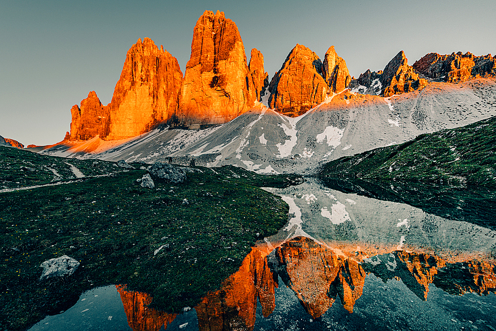 Sunset Three Peaks in the Sesto Dolomites, South Tyrol, Italy, Europe;