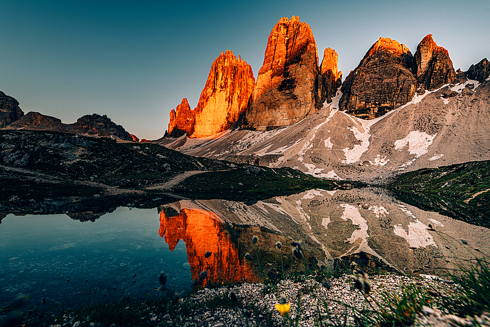 Alpenglow Drei Zinnen in the Sesto Dolomites, South Tyrol, Italy, Europe;