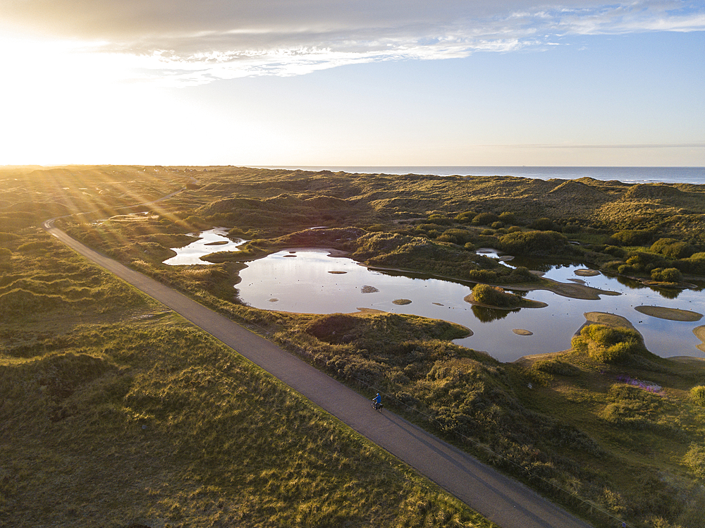 Aerial view of man on bicycle cycling on lakes and dunes along the North Sea coast at sunset, Midsland aan Zee, Terschelling, West Frisian Islands, Friesland, Netherlands, Europe