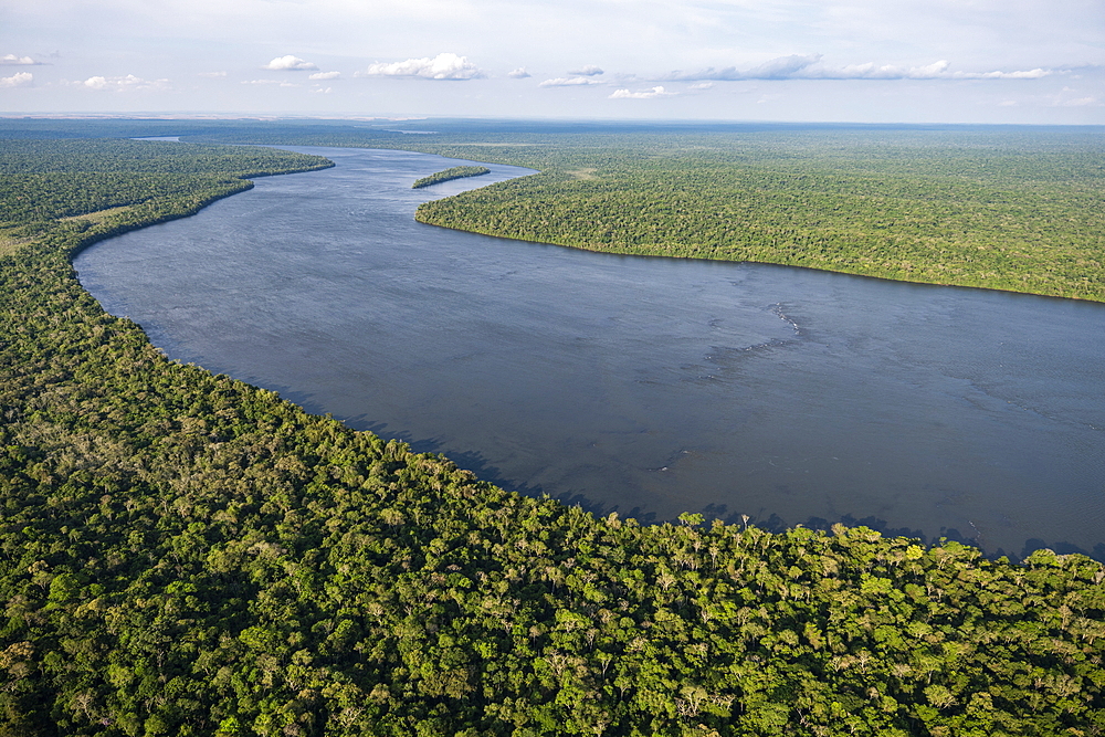 Aerial view of the Iguazu River just above the Iguazu Falls, Iguazu National Park, Parana, Brazil, South America