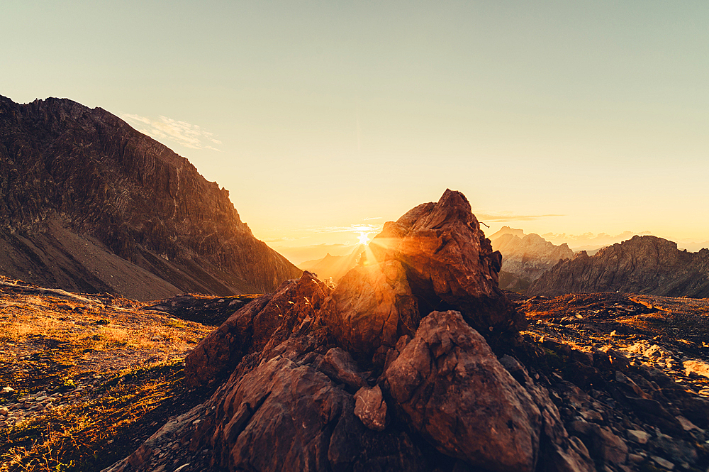 Sunrise in the mountains in Raetikon, Vorarlberg, Austria, Europe