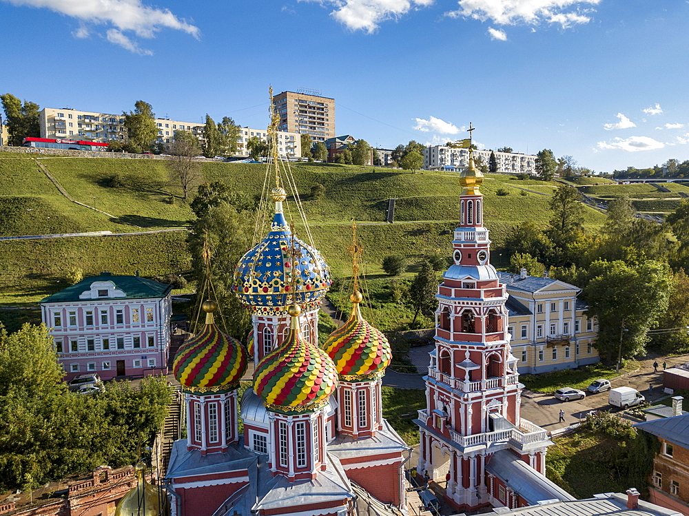 Aerial view of the colorful domes of the Church of the Nativity of the Blessed Virgin Mary (Stroganov Church), Nizhny Novgorod, Nizhny Novgorod District, Russia, Europe