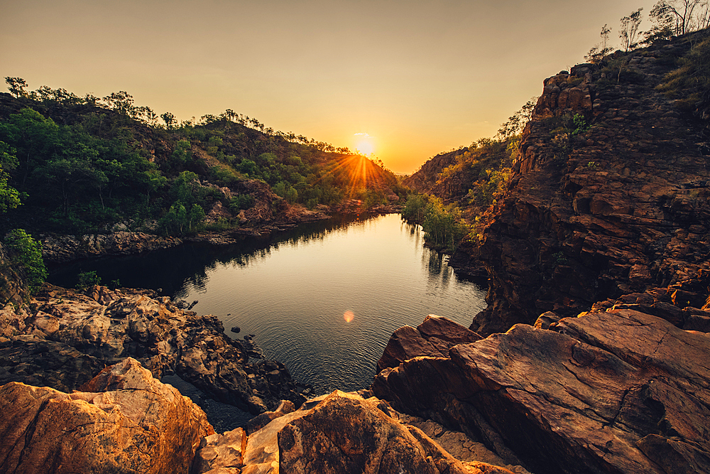 Edith Falls in Nitmiluk National Park; Kathrine; Northern Territory; Australia; Oceania; Waterfall at sunset; In the middle of the outback in Australia;