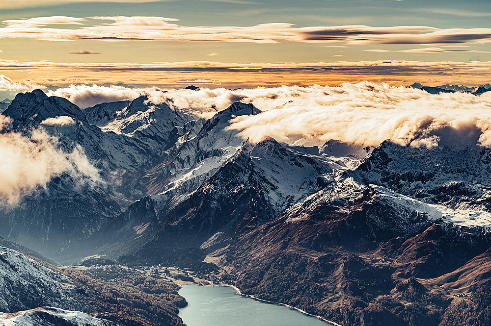 View of Maloja and Lake Sils in the Engadin from the Corvatsch Glacier, Engadin, Graubünden, Switzerland, Europe