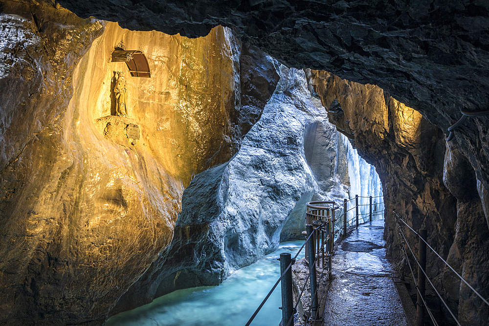 Maria statue in the frozen Partnachklamm, Garmisch-Partenkirchen, Upper Bavaria, Bavaria, Germany