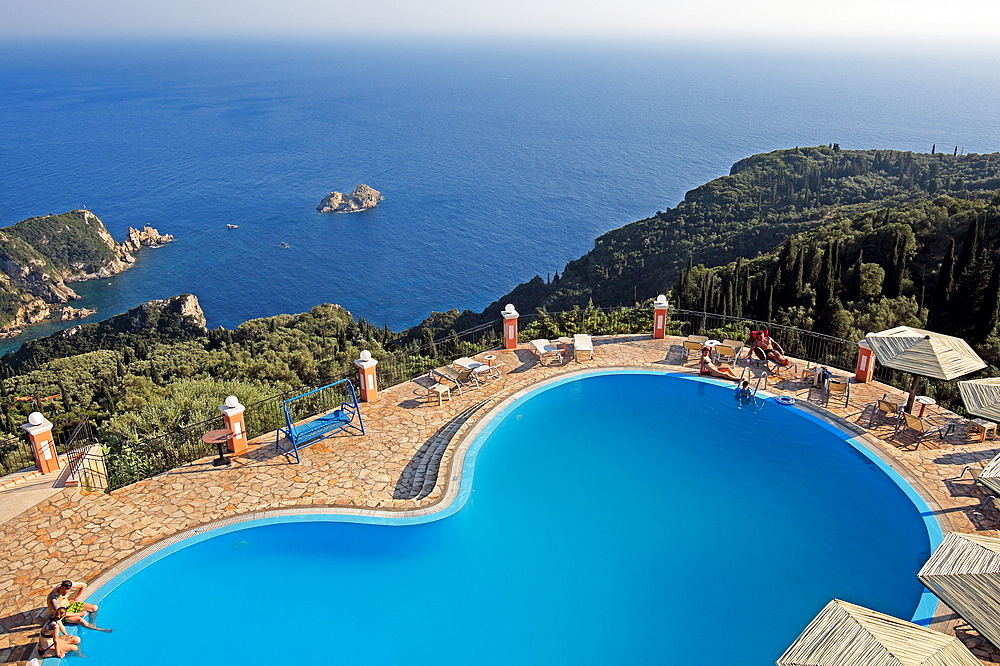 Pool terrace of the Golden Fox Hotel, Lakonas, Corfu, Ionian Islands, Greece