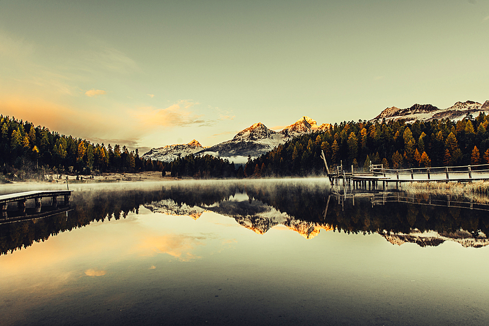 Morning mood at Lake Staz, Engadin, Graubünden, Switzerland, Europe;