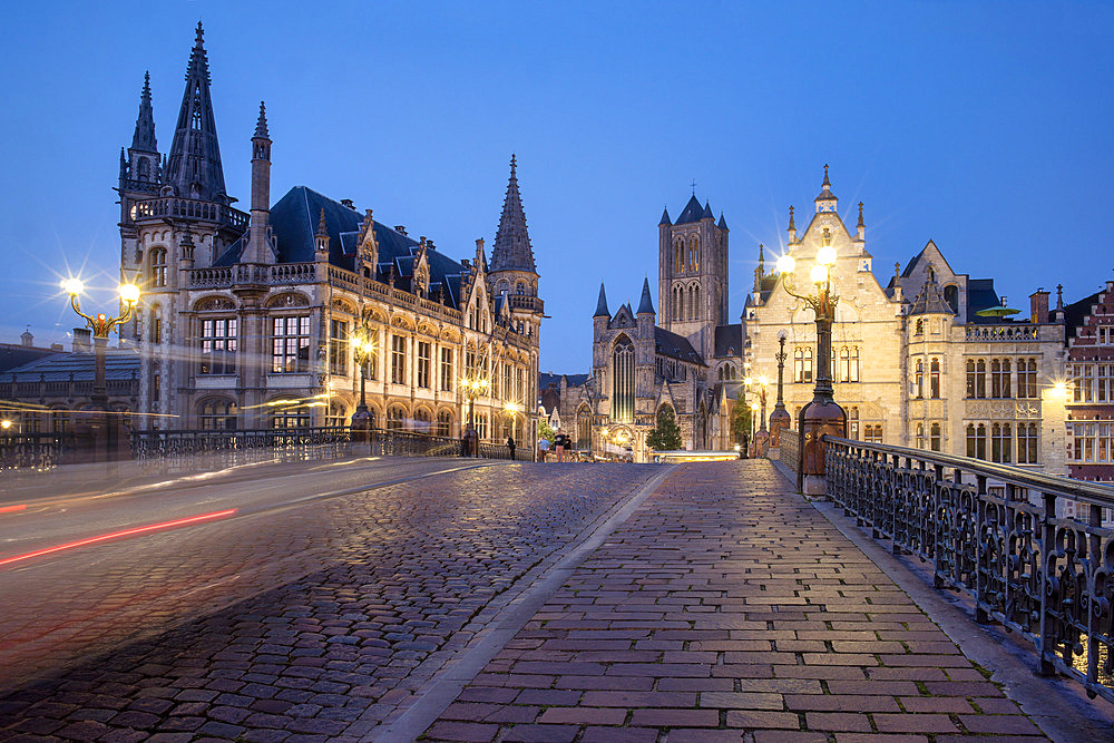 Historical center of Ghent, Sint Michielsbrug bridge over the river Leie, Zannier Hotels 1898 Die Post and Sint Niklaaskerk church, belfry, city tower, Ghent, Flanders Belgium