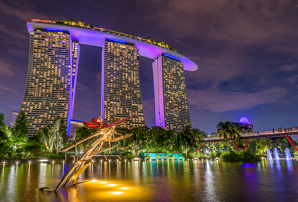 Dragonfly sculpture in Gardens by the Bay with the Marina Bay Sands Hotel in the background, Singapore